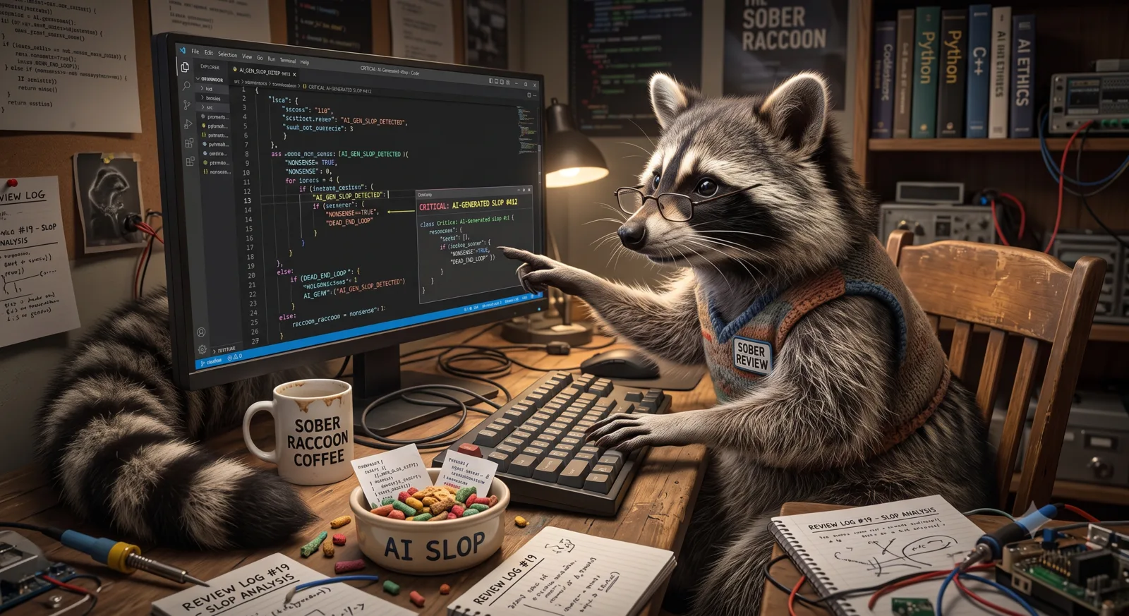 The Sober Raccoon wearing a review vest at a workbench, pointing at a monitor that flags critical AI-generated slop in a code review, surrounded by review logs and a bowl labeled AI slop.
